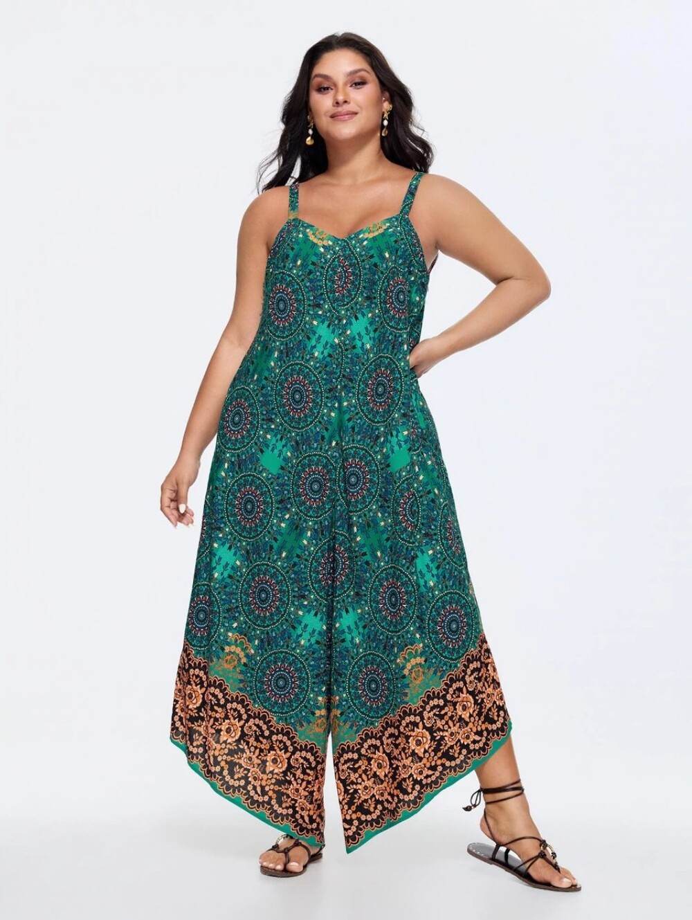 Boho Print Tie Strap Jumpsuit.